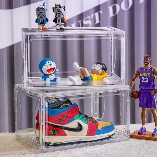 SneakersDen transparent sneaker storage display case holding colorful sneakers and collectible figurines