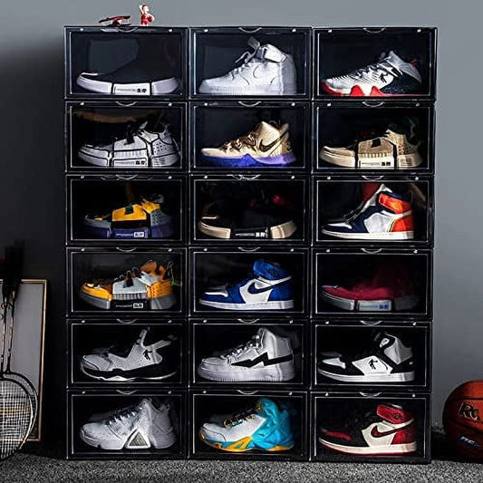 SneakersDen side door sneaker crate display case holding multiple pairs of sneakers in black stackable boxes