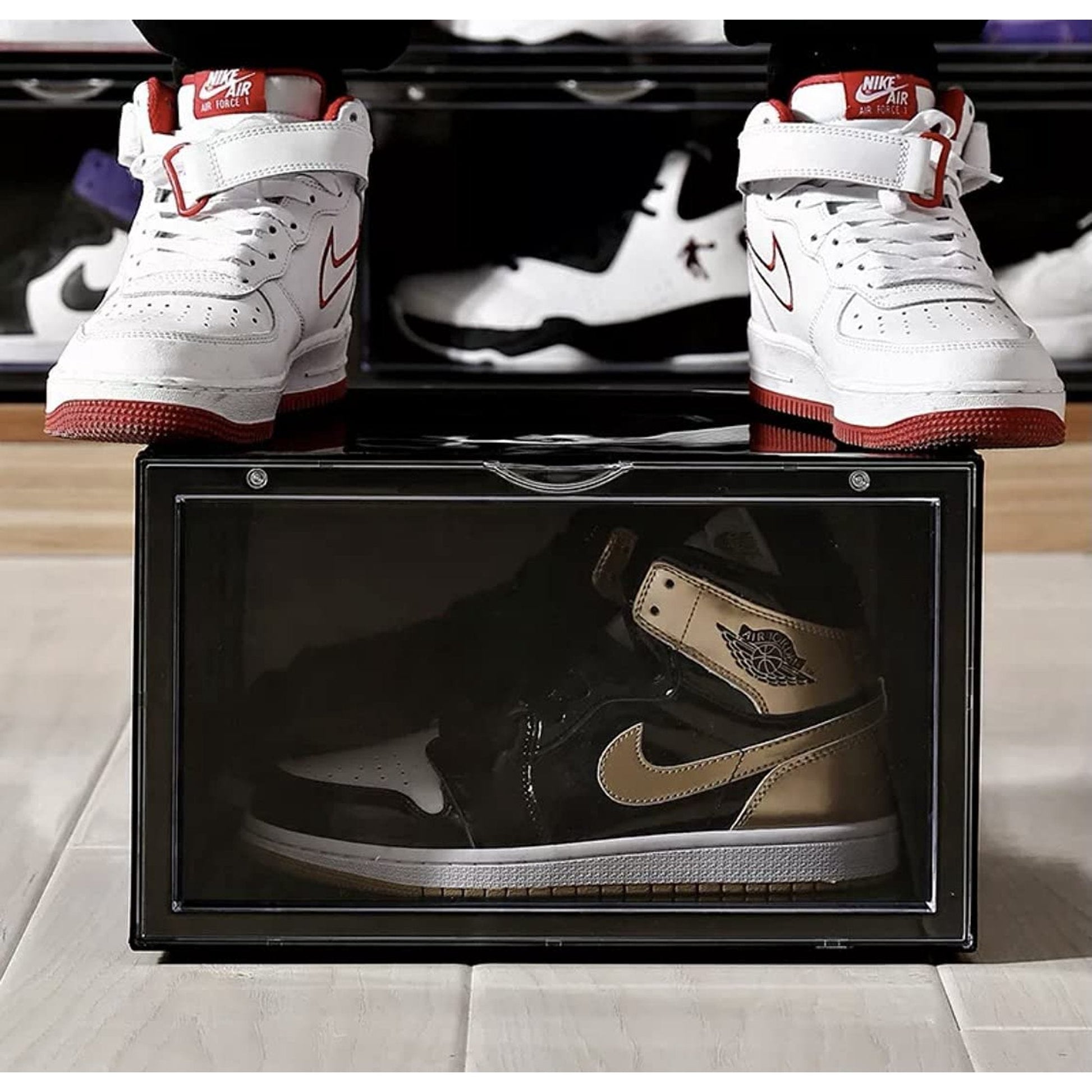 SneakersDen black display case showing side door sneaker crate storing a pair of black and tan sneakers