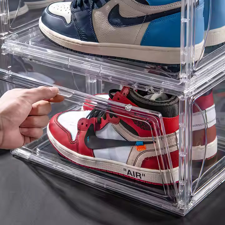 Transparent sneaker storage display case by SneakersDen holding collectible Nike Air Jordan sneakers