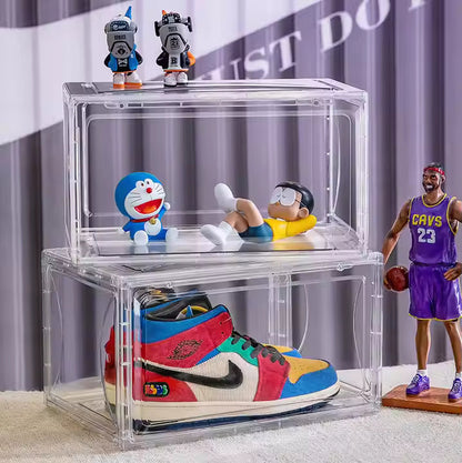 SneakersDen transparent sneaker storage display case holding colorful sneakers and collectible figurines