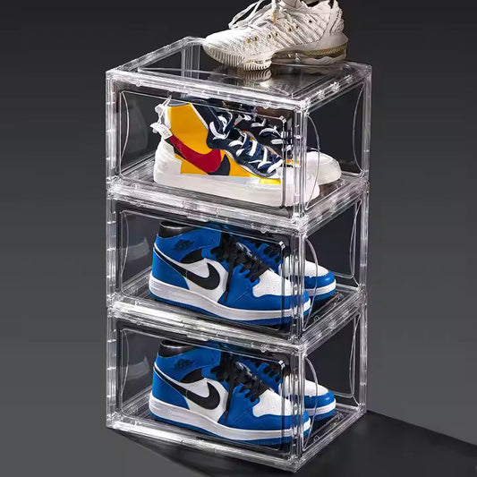 SneakersDen transparent sneaker storage display case stacked with multiple pairs of sneakers