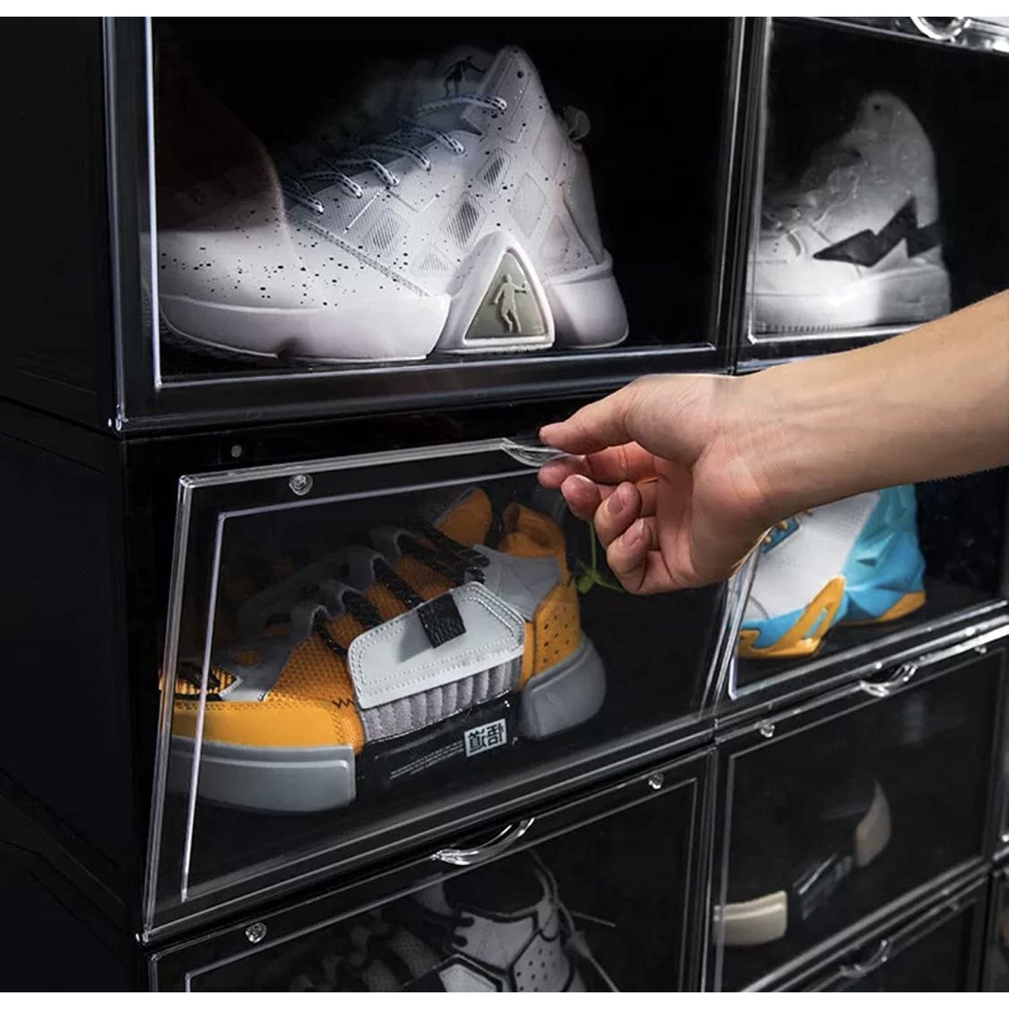 SneakersDen display case with hand opening side door sneaker crate holding yellow and white sneakers
